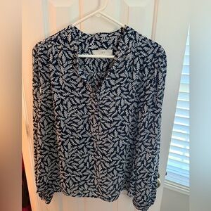 LOFT White and Blue Notched Collar Blouse